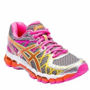 RARE ASICS GEL KAYANO 20 Grey Yellow Pink Orange Womens 7 MEDIUM 38 EUR
